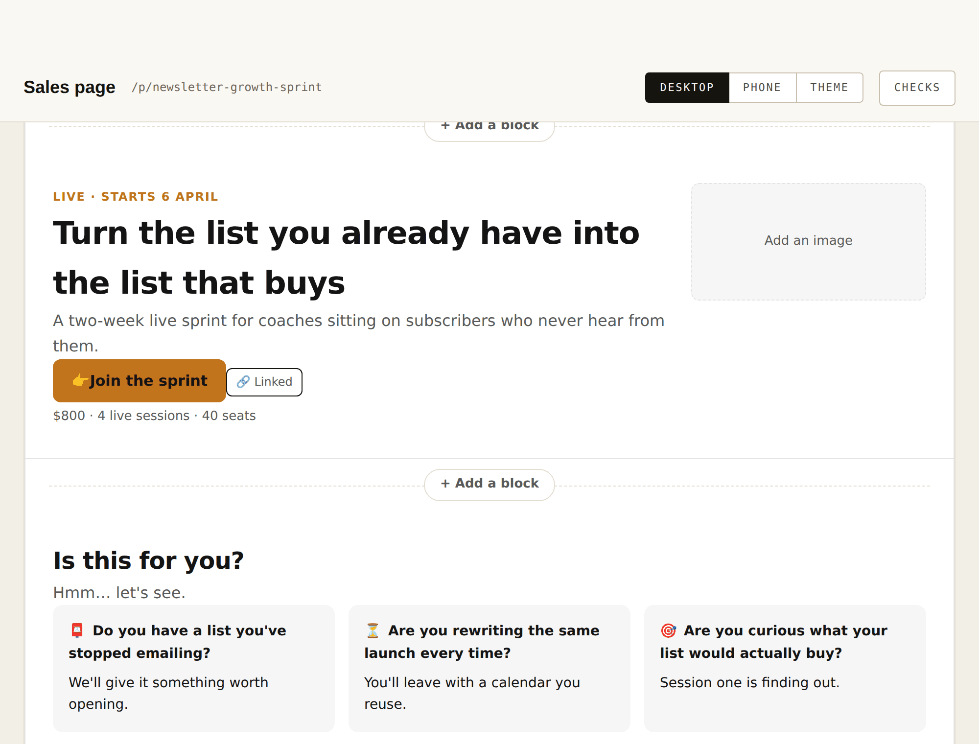 The sales page editor, one block at a time, with the publish gate