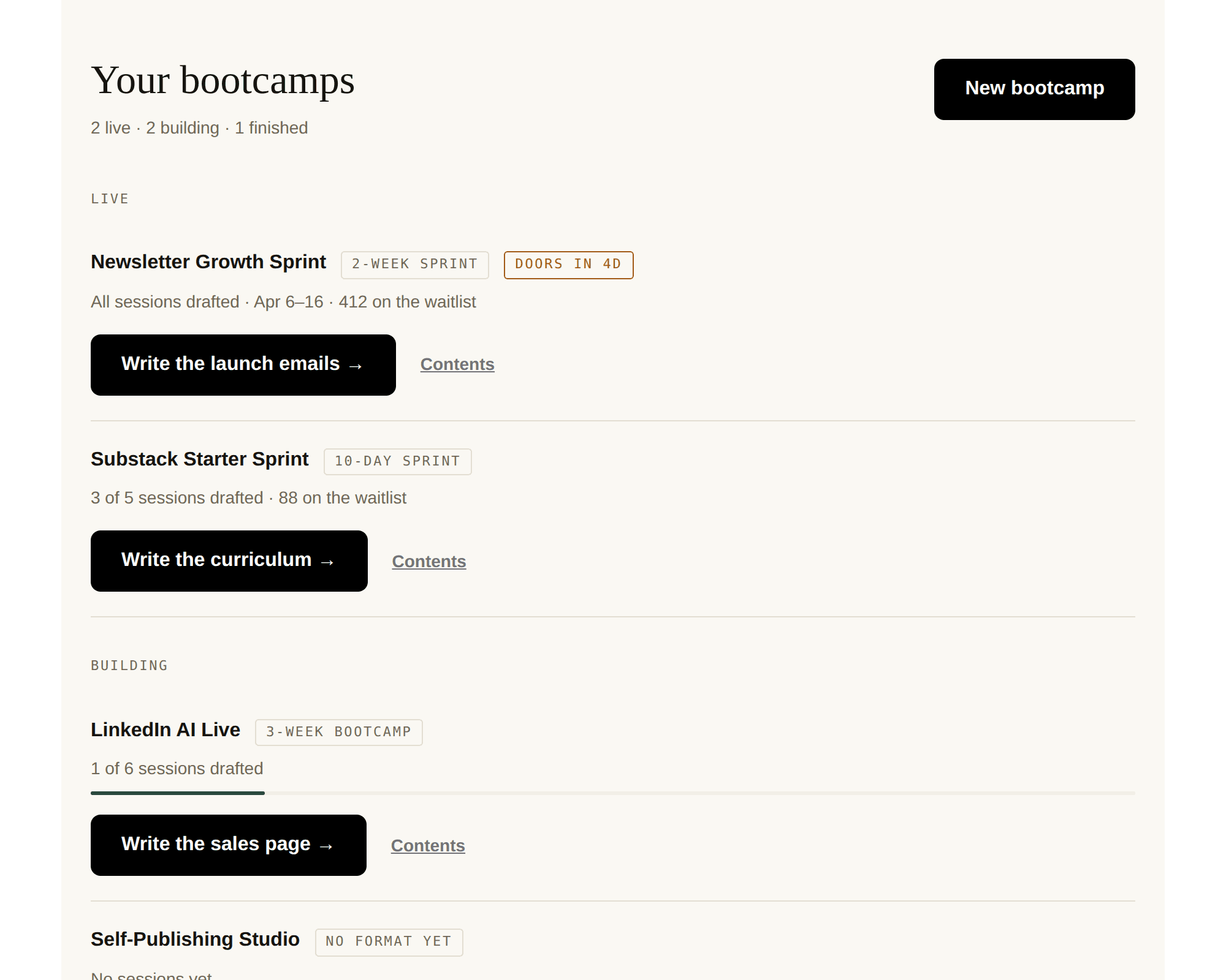 The portfolio: bootcamps grouped by live, building and finished